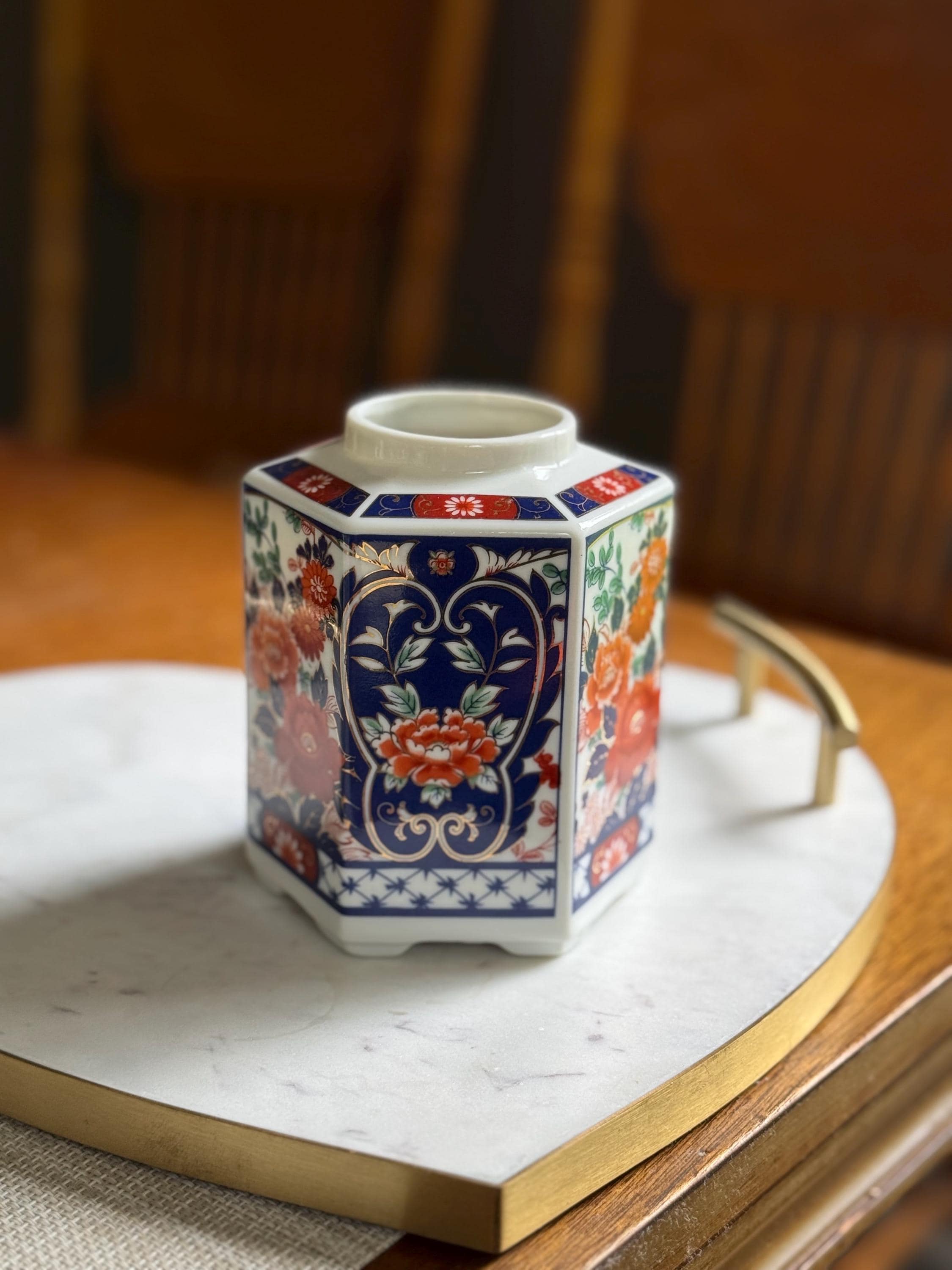 Vintage Japanese Imari-Style Porcelain Jar | Hexagonal | Bold Florals | Collectible Charm