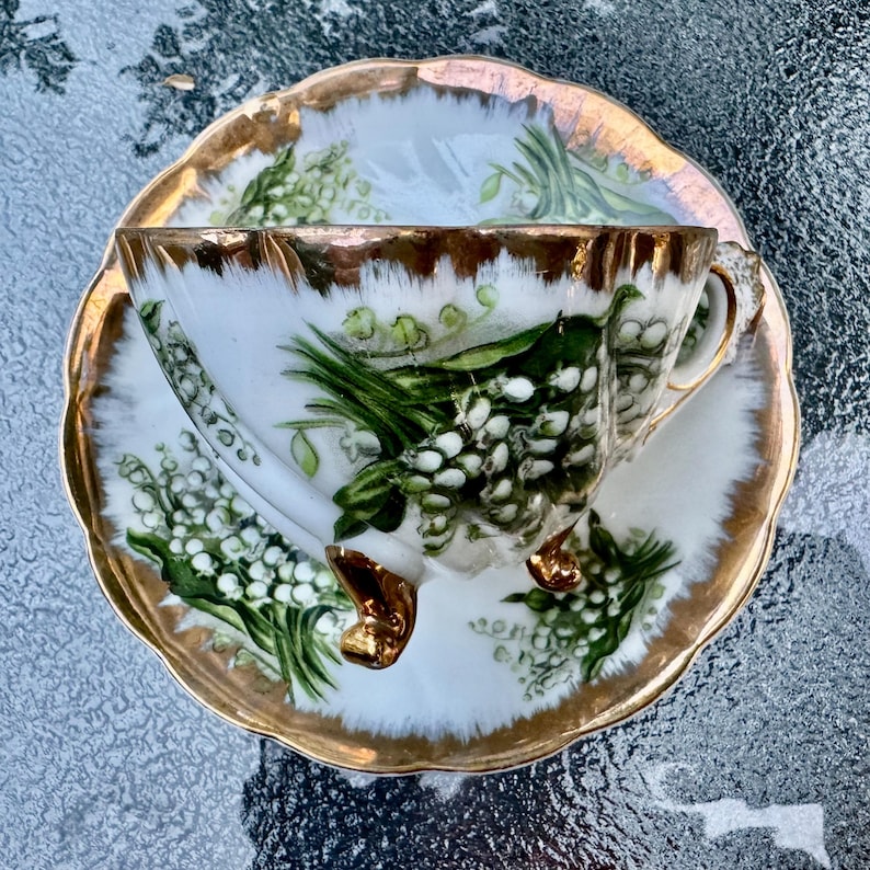 Vintage Giftcraft GC Lily of the Valley Tripod Teacup Saucer Japan Three Legged Gold Fine China bild 9