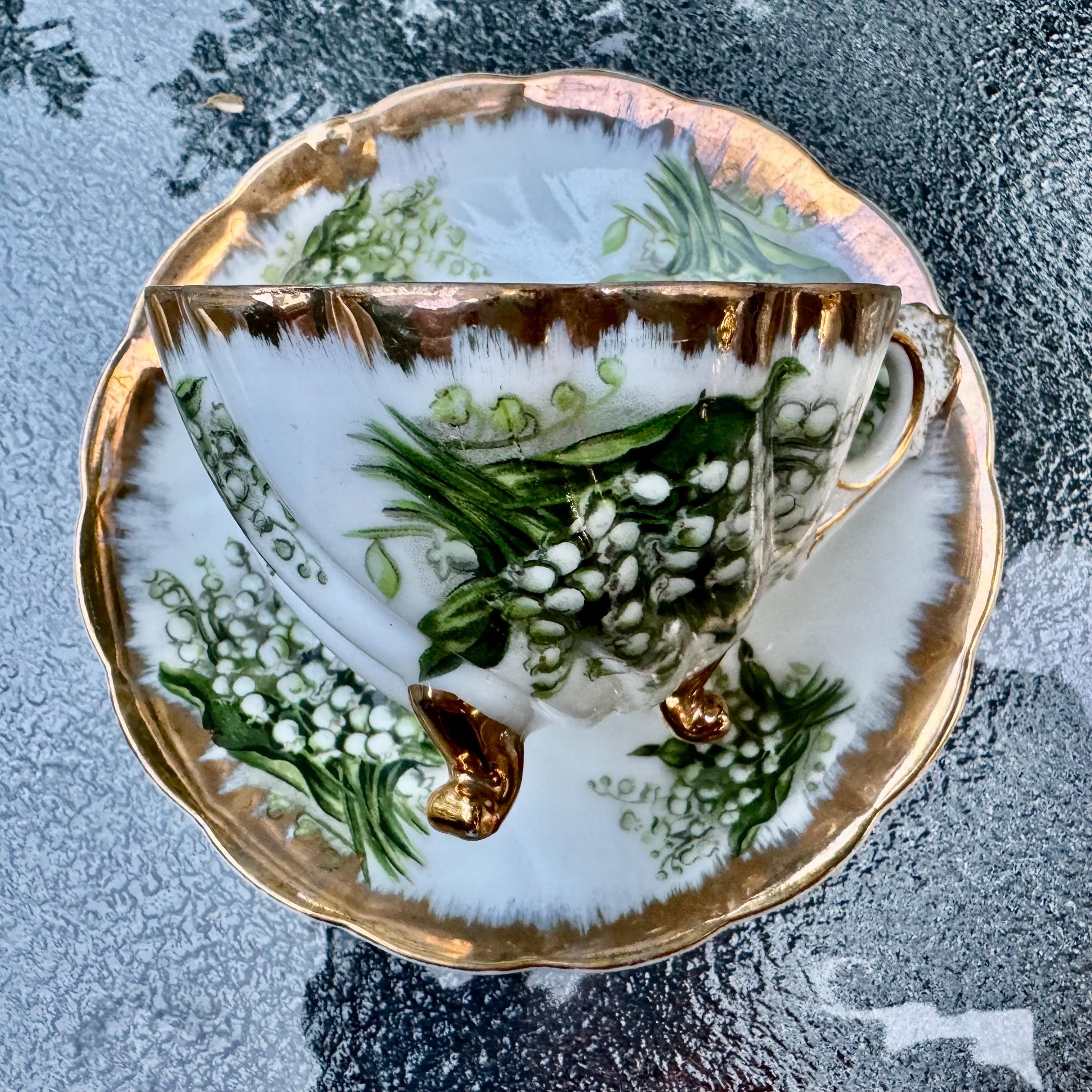 Vintage Giftcraft GC Lily of the Valley Tripod Teacup Saucer Japan Three Legged Gold Fine China
