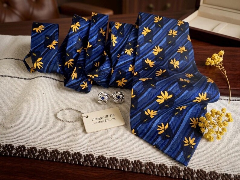 May include: A navy blue silk tie with a yellow floral pattern and diagonal stripes. The tie is accompanied by silver cufflinks and a tag that reads "Vintage Silk Tie. Limited Edition."