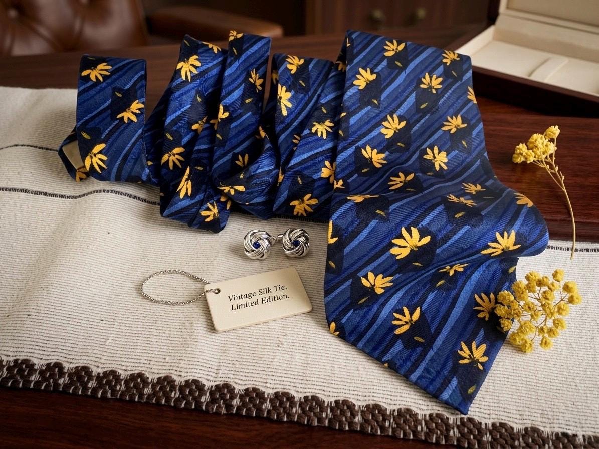 Vintage Fumaralli’s Italian Silk Floral Necktie – Blue & Gold Designer Tie – Made in Italy
