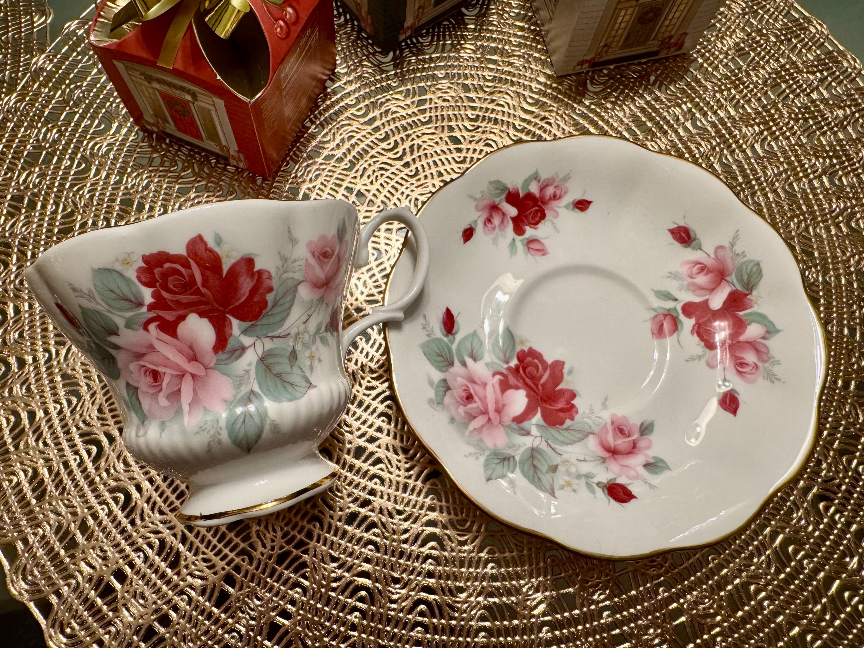 Vintage Royal Albert Corset-Shaped Tea Cup and Saucer Set - Pink and Red Roses