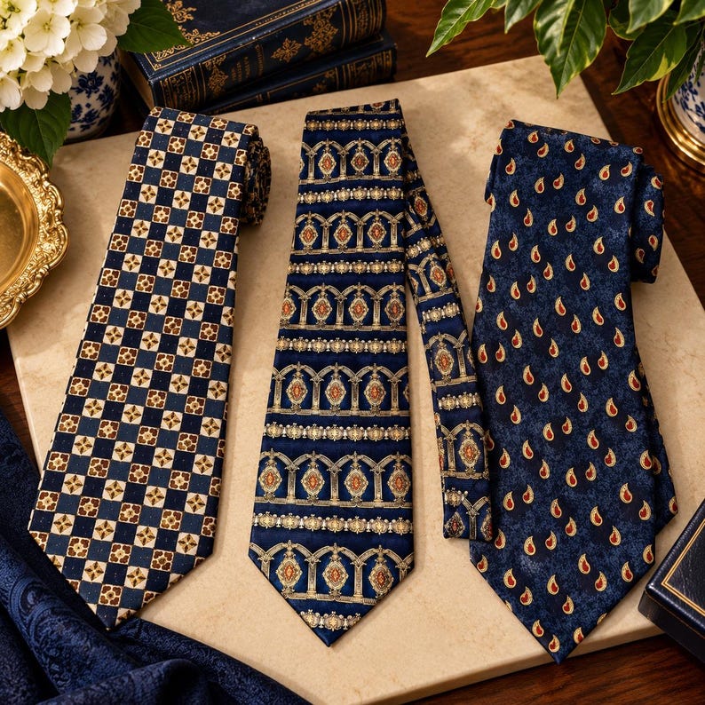 May include: Three neckties displayed side by side. The left tie features a navy blue and gold checkered pattern with small floral centers. The center tie has a navy blue background with gold arched columns and red accents. The right tie is navy blue with a gold paisley print.