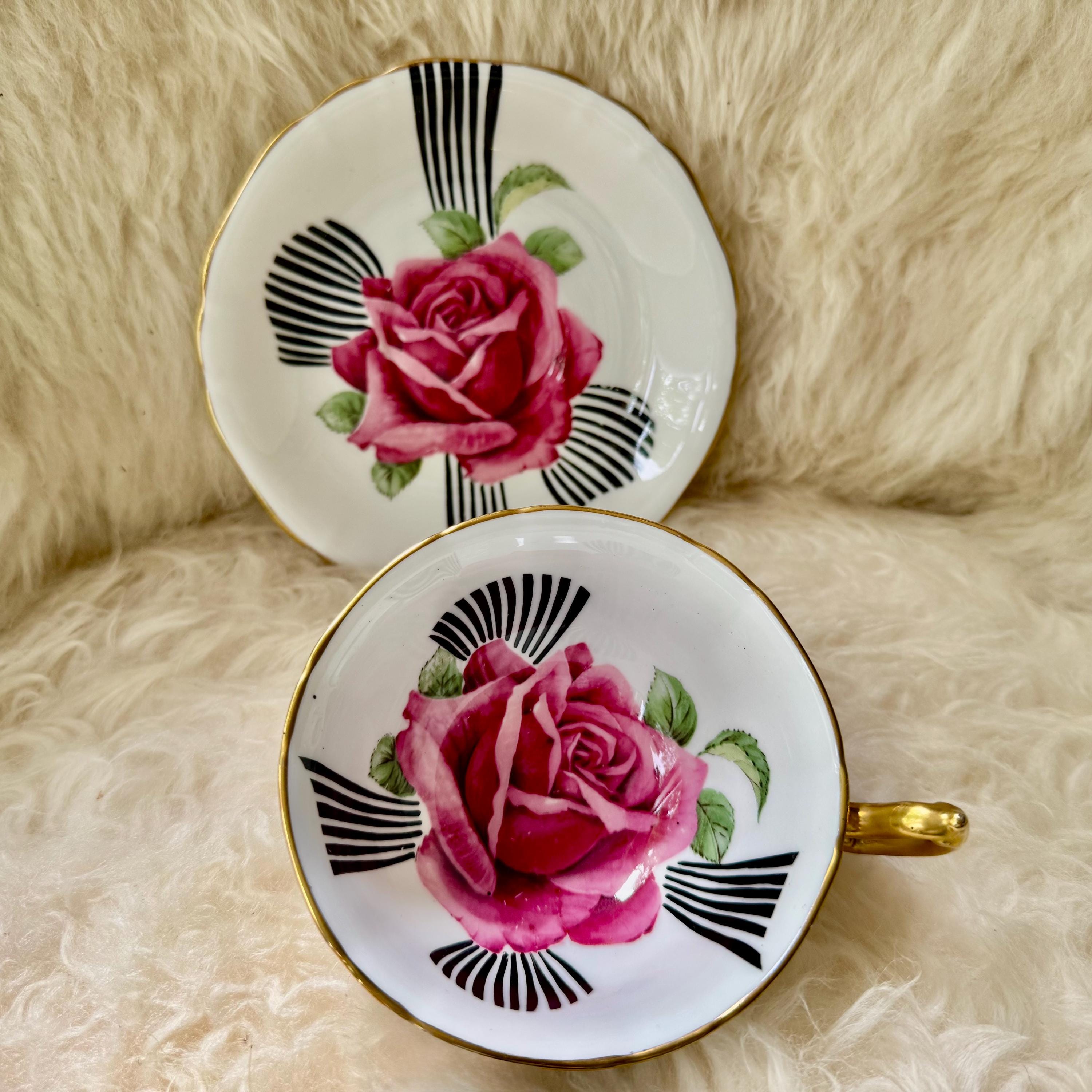 Vintage Mayfair Bone China England Teacup & Saucer – Bold Pink Rose Black Ribbon Design