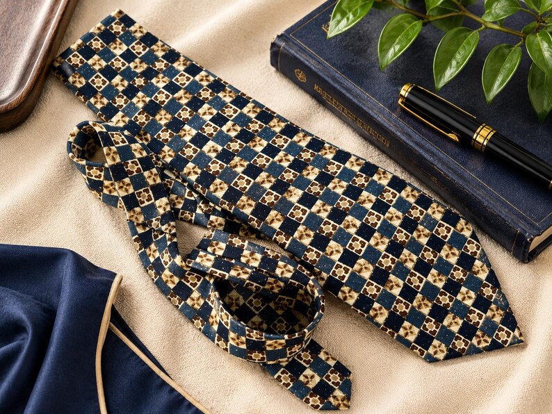 May include: A necktie featuring a repeating geometric checkerboard pattern in shades of navy blue, cream, and brown. The design consists of alternating solid navy squares and cream squares containing a small brown floral-like motif.
