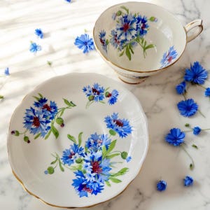May include: A white teacup and saucer with a blue and white floral pattern. The floral pattern features blue cornflowers with red centres and green leaves. The teacup and saucer have a gold trim.
