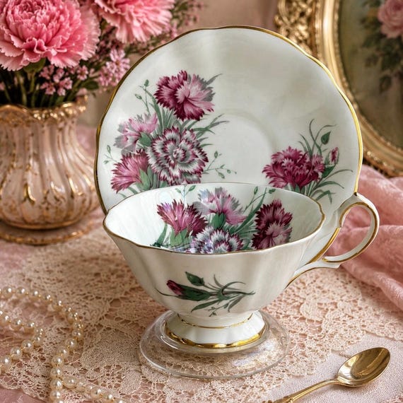Vintage Queen Anne Bone China Teacup & Saucer – Pink Carnations – England