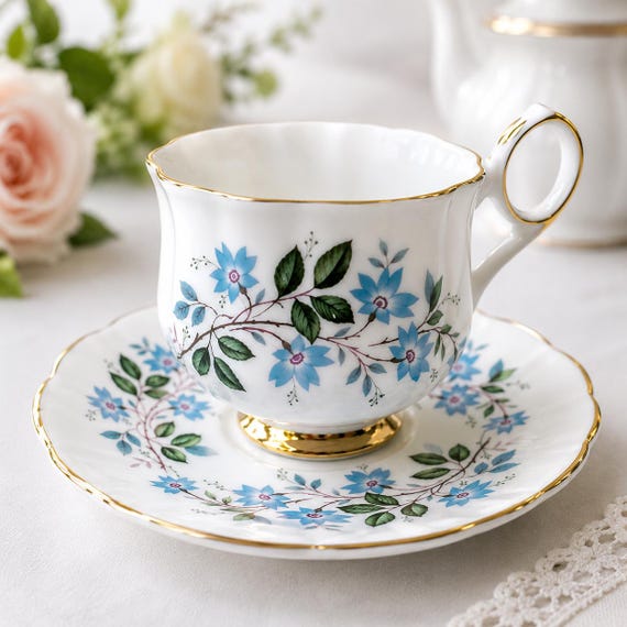 Vintage Stratford Bone China Teacup & Saucer Set – Blue Floral Pattern – Made in England