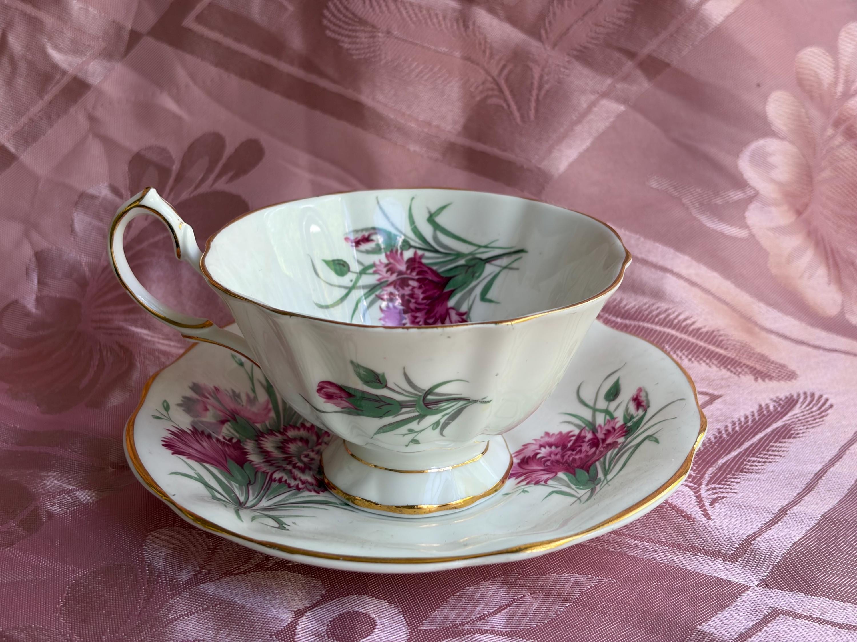 Vintage Queen Anne Bone China Teacup & Saucer – Pink Carnations – England