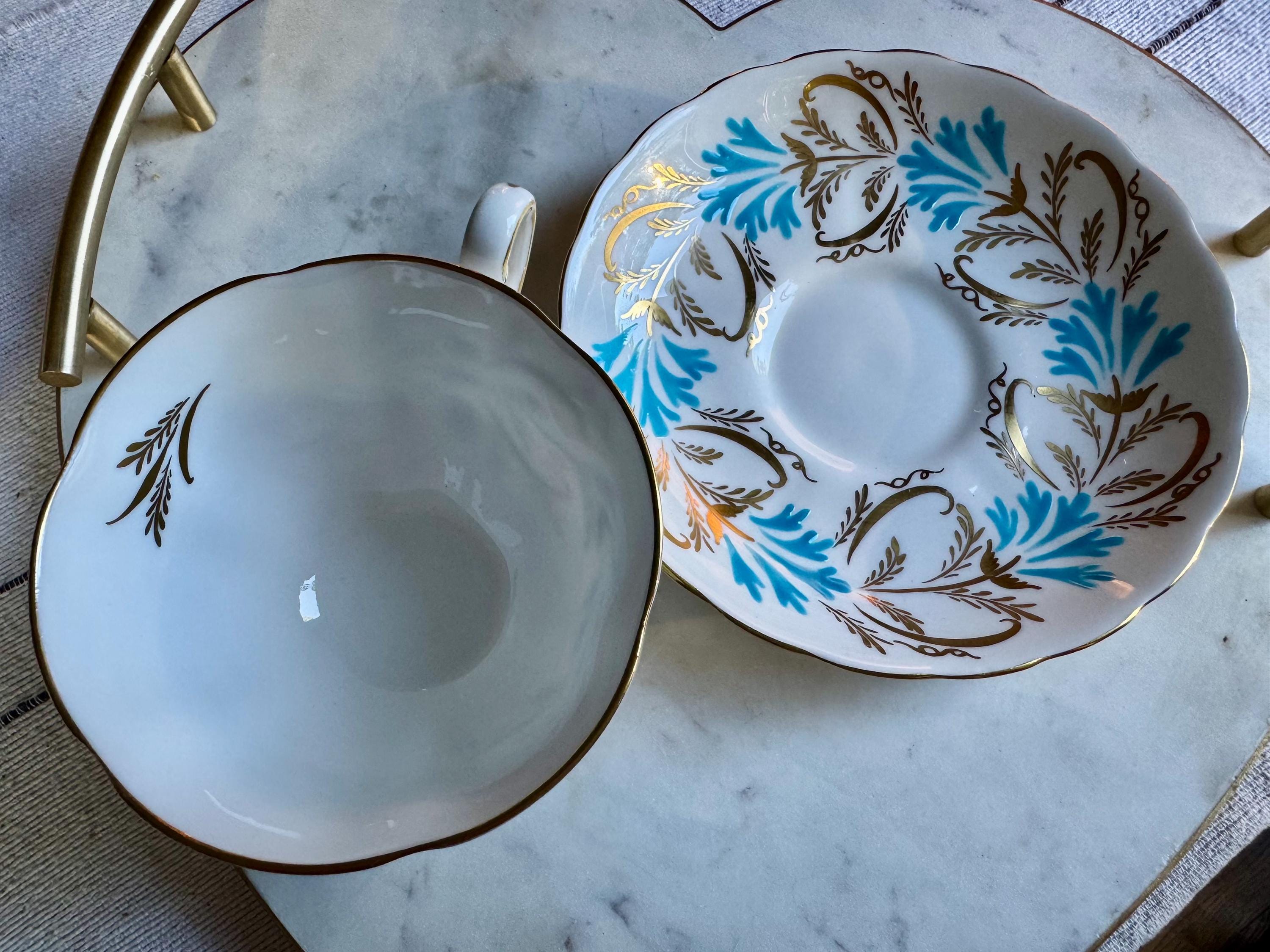Vintage Royal Chelsea Bone China Teacup & Saucer – Pattern 4983A, Hand Decorated Turquoise Gold