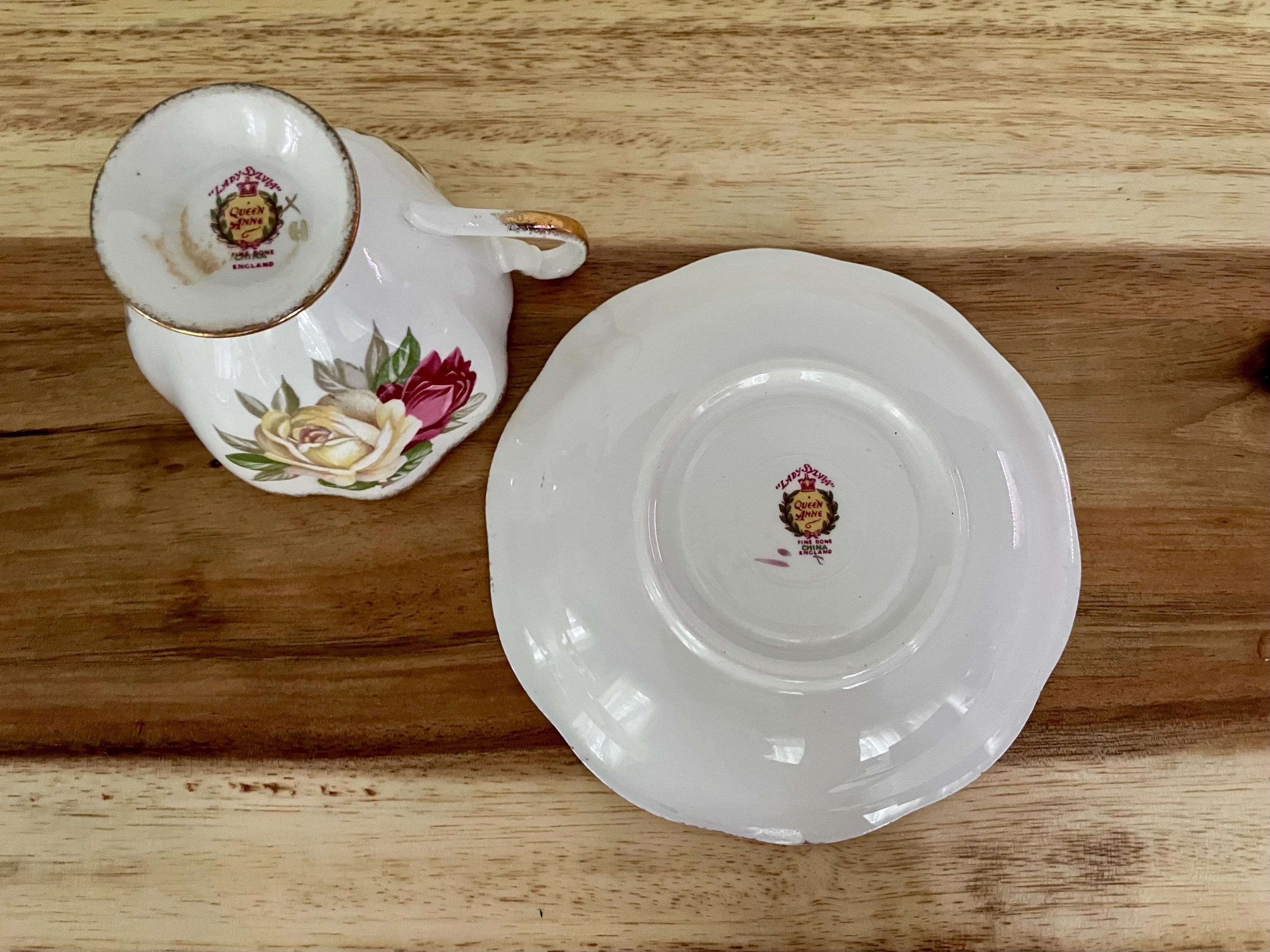 Vintage Queen Anne “Lady Sylvia” Teacup & Saucer – Pink Cream Roses with Gold Trim – England