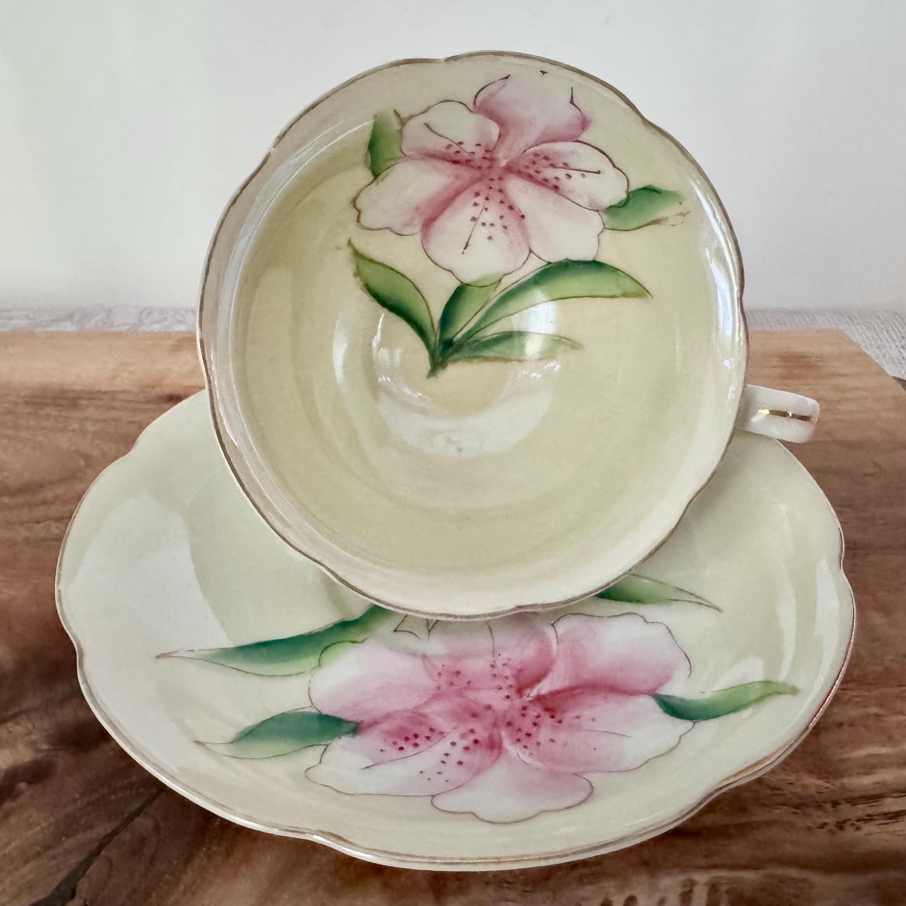Vintage Shafford Hand-Painted Japanese Teacup & Saucer – Pink Azalea Blossom on Cream Glaze