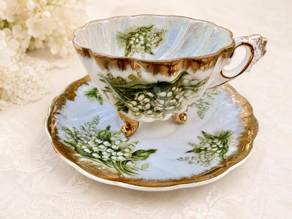Vintage Giftcraft GC Lily of the Valley Tripod Teacup Saucer Japan Three Legged Gold Fine China