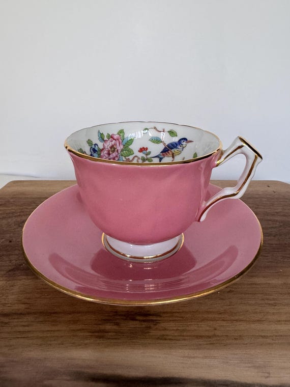 Rare Vintage Aynsley “Pembroke” Teacup & Saucer – Pink with Bird and Blossom Interior!