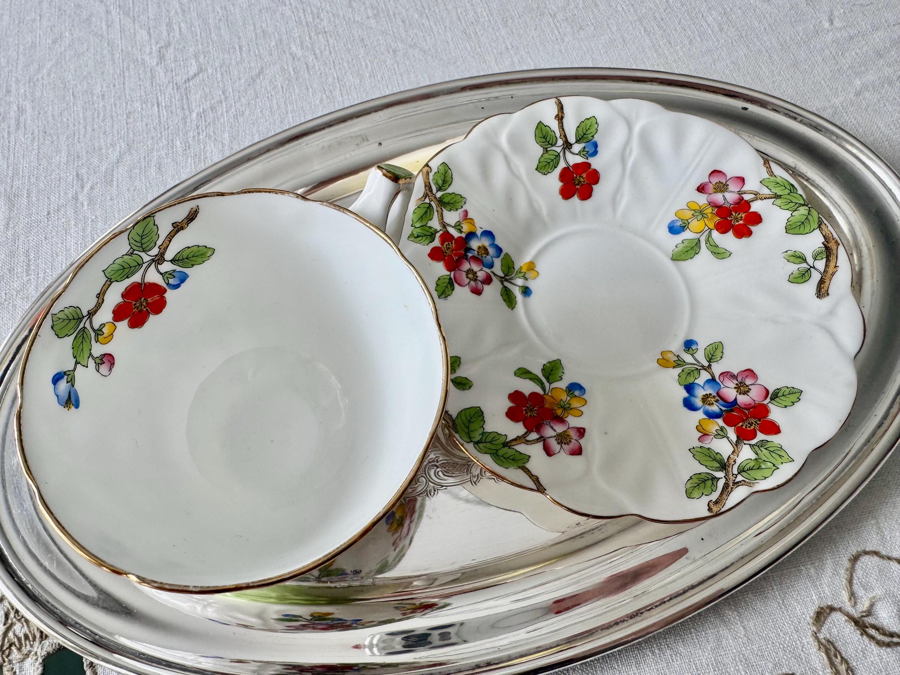 Vintage Aynsley Bone China Teacup Saucer – Poppy Garden Floral Gold Trim