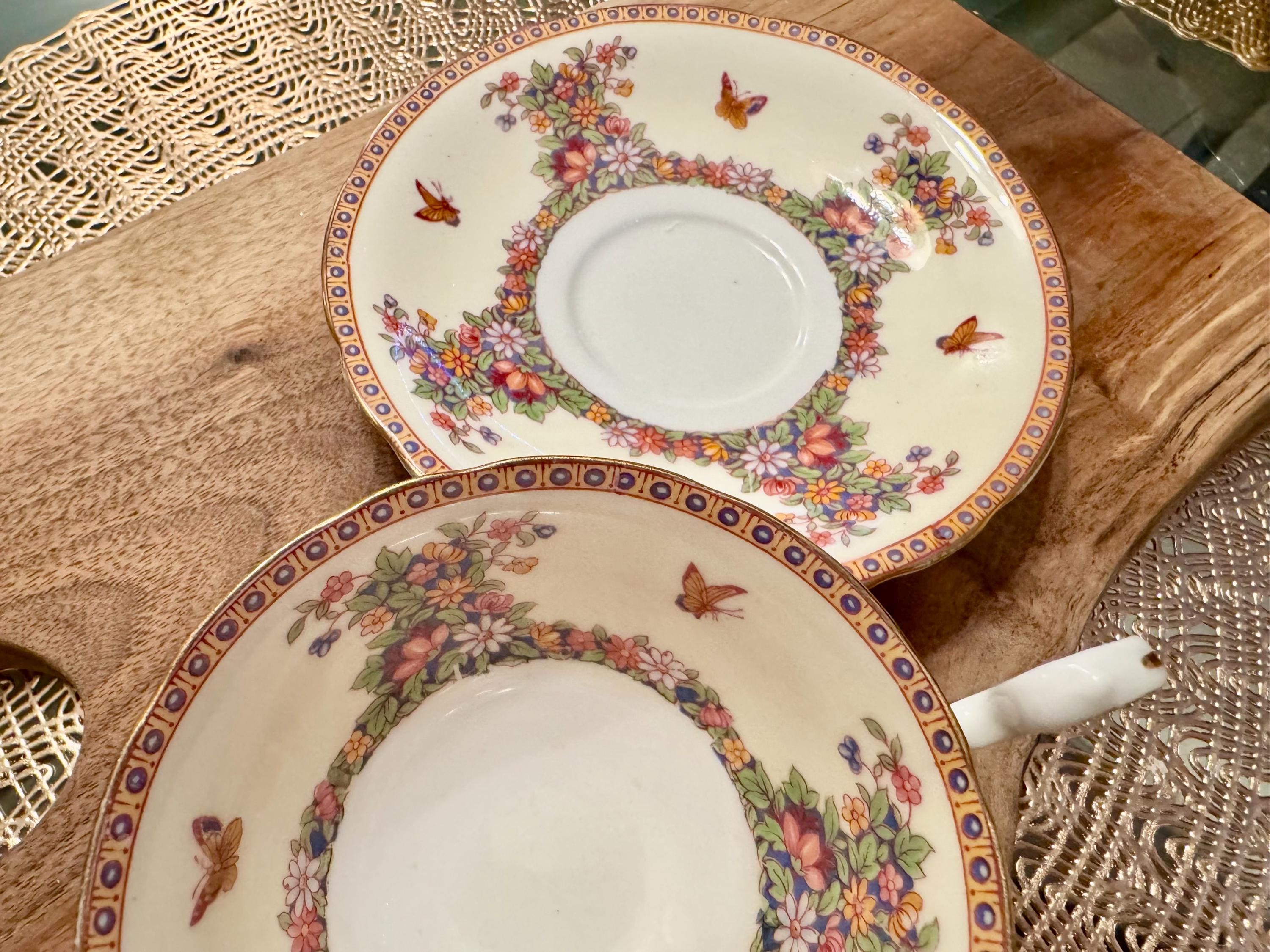 Vintage Aynsley Fine Bone China Tea Cup and Saucer: Floral Butterfly Design