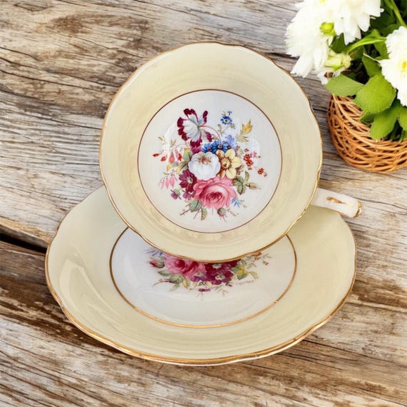 Vintage Hammersley Floral Bone China Cup and Saucer - Made in England (1930s–1950s)