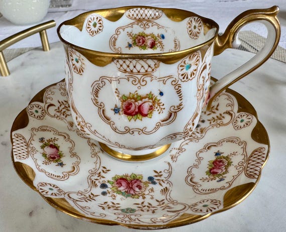 Antique Royal Albert Teacup & Saucer: Hand-Painted Roses, Gold Encrusted, c. 1925