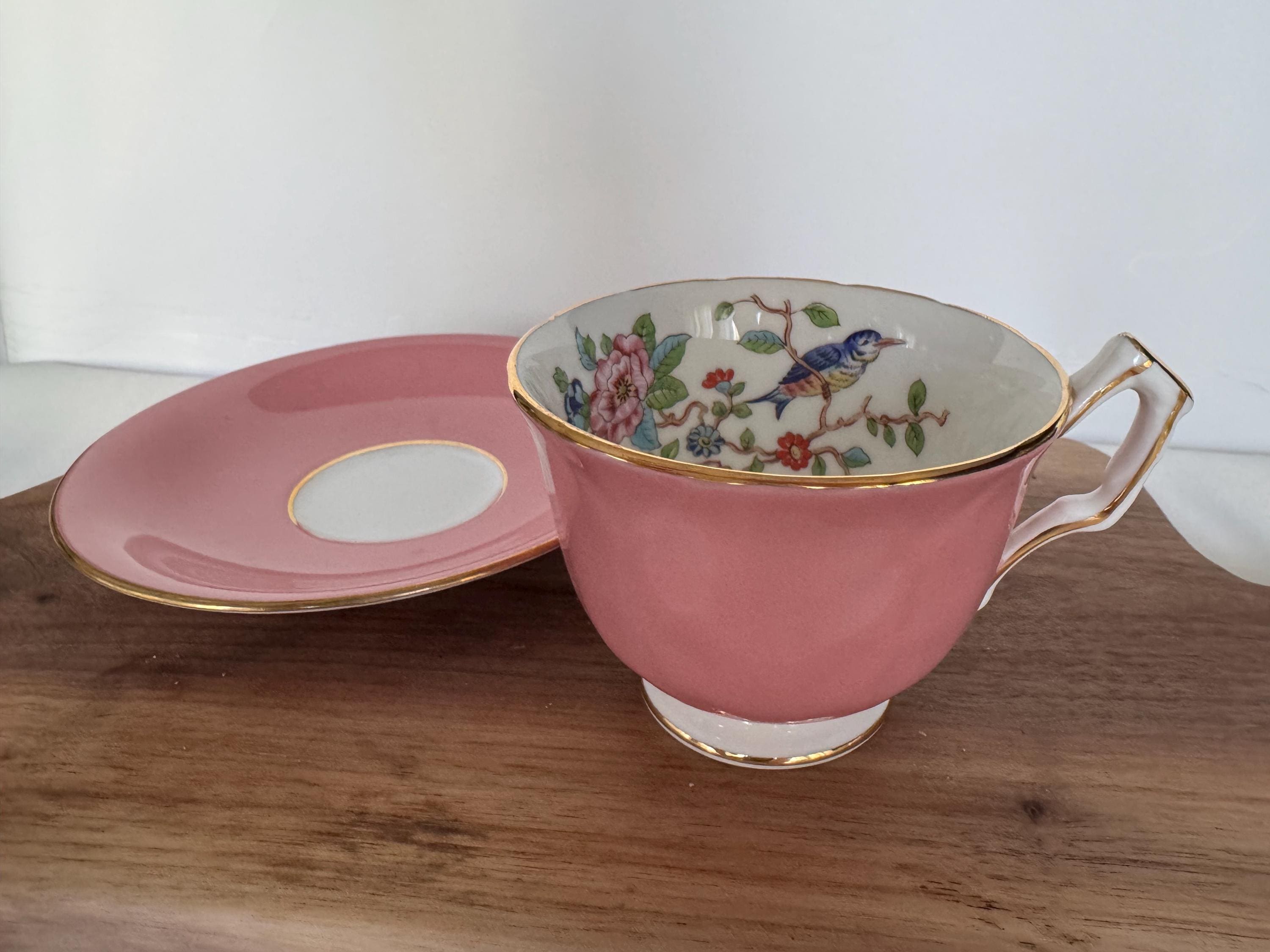 Rare Vintage Aynsley “Pembroke” Teacup & Saucer – Pink with Bird and Blossom Interior!