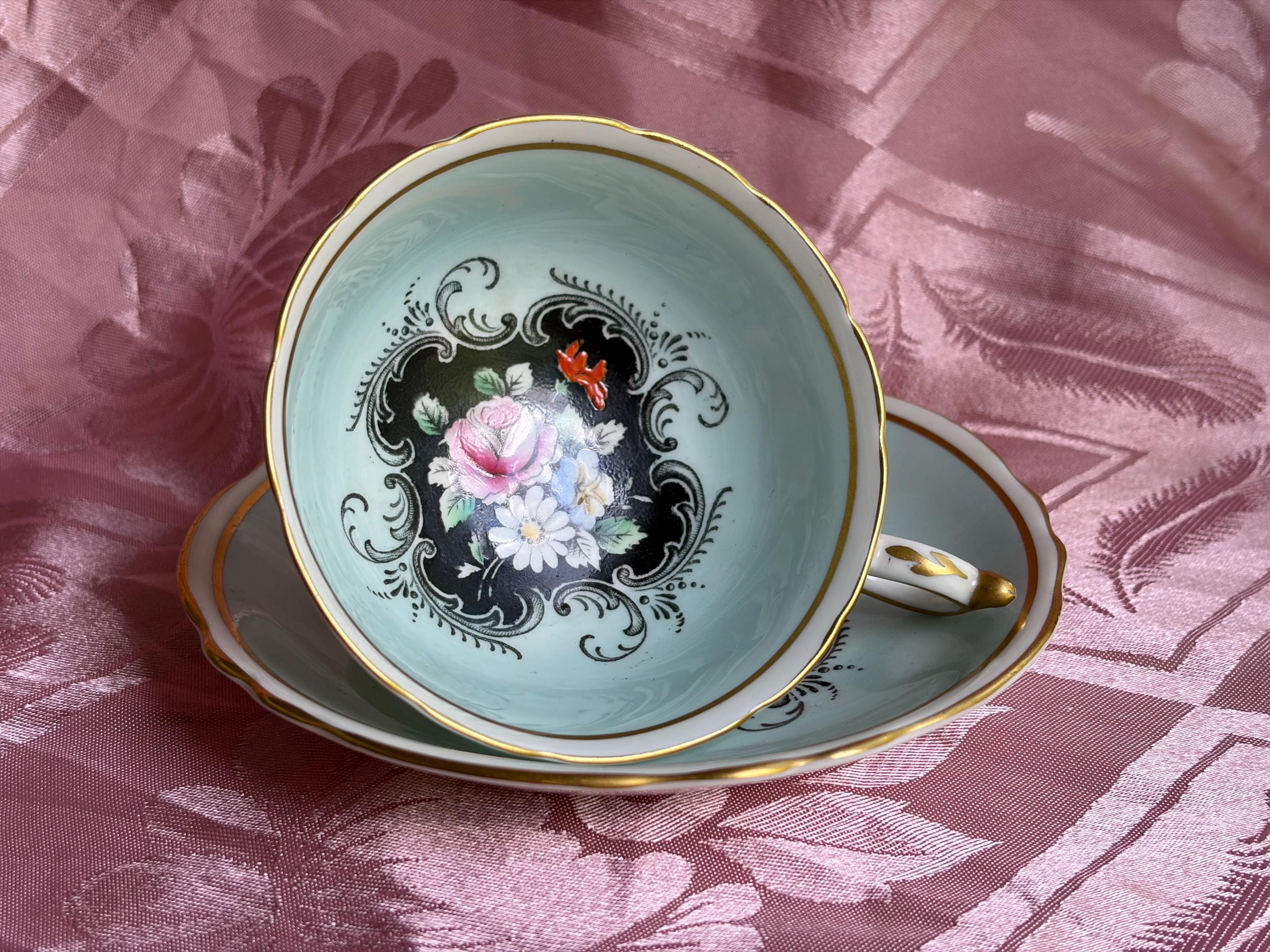 Vintage Paragon Teacup Saucer – Pale Aqua Floral Medallion Gold Trim Bone China