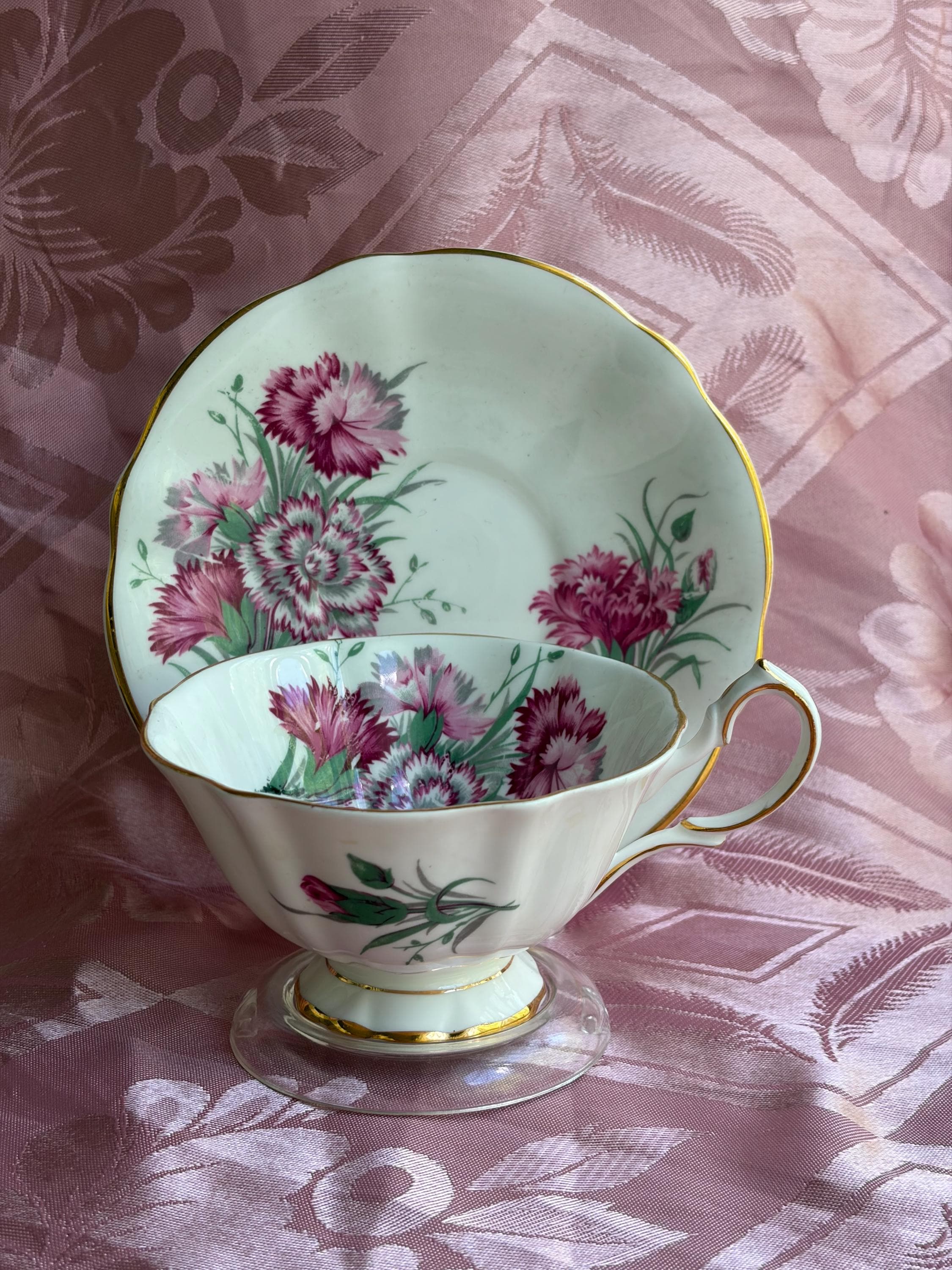 Vintage Queen Anne Bone China Teacup & Saucer – Pink Carnations – England