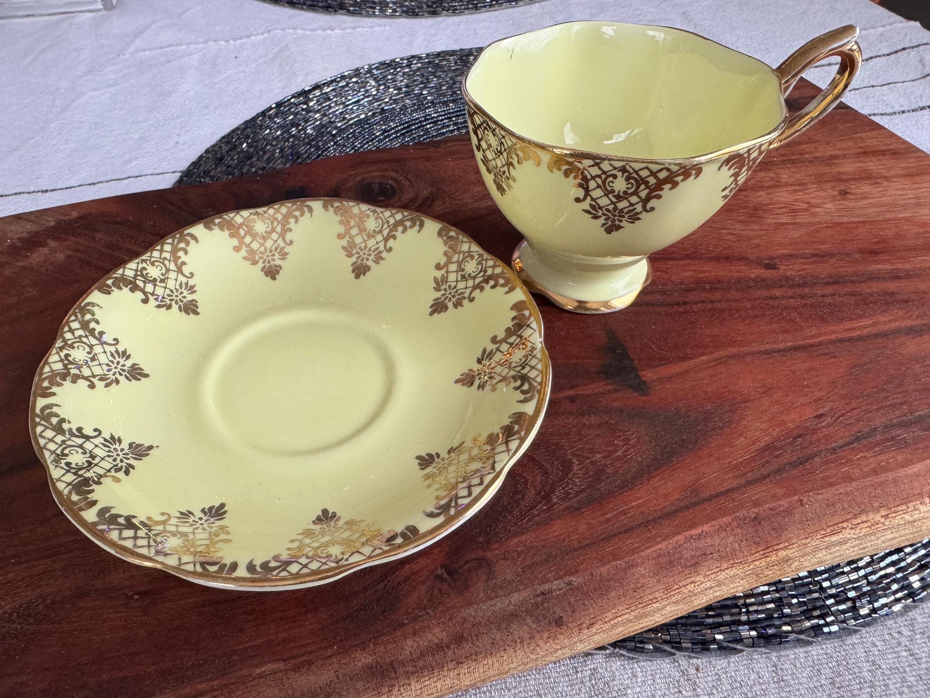 Royal Albert Bone China Teacup & Saucer - Pattern 426 - Elegant Vintage Yellow with Gold Design