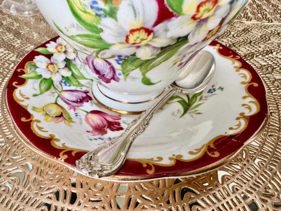 Vintage Bell Fine Bone China Teacup Set: Narcissus Floral, Antique Silverplate Spoon