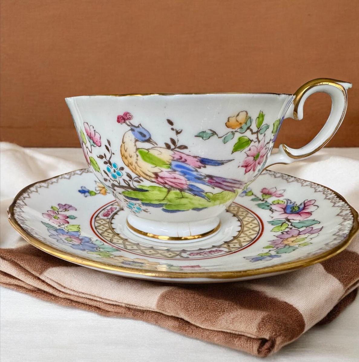 Vintage Crown Staffordshire Cup & Saucer - Hand-Painted Peacock Floral Design