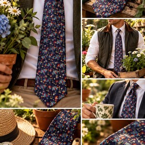 May include: A navy blue necktie featuring a repeating pattern of small, colorful gardening tools and potted plants. The tie is shown in various settings, including worn with a white shirt and blazer, and laid flat on a wooden surface.