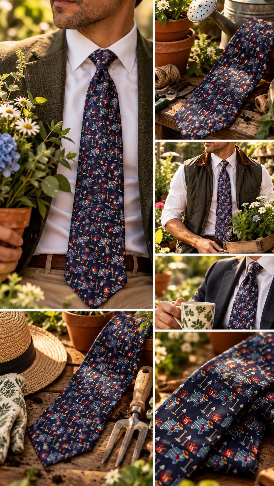 Vintage I Santi Milano 100% Silk Tie — Made in Italy — Gardening Novelty Necktie