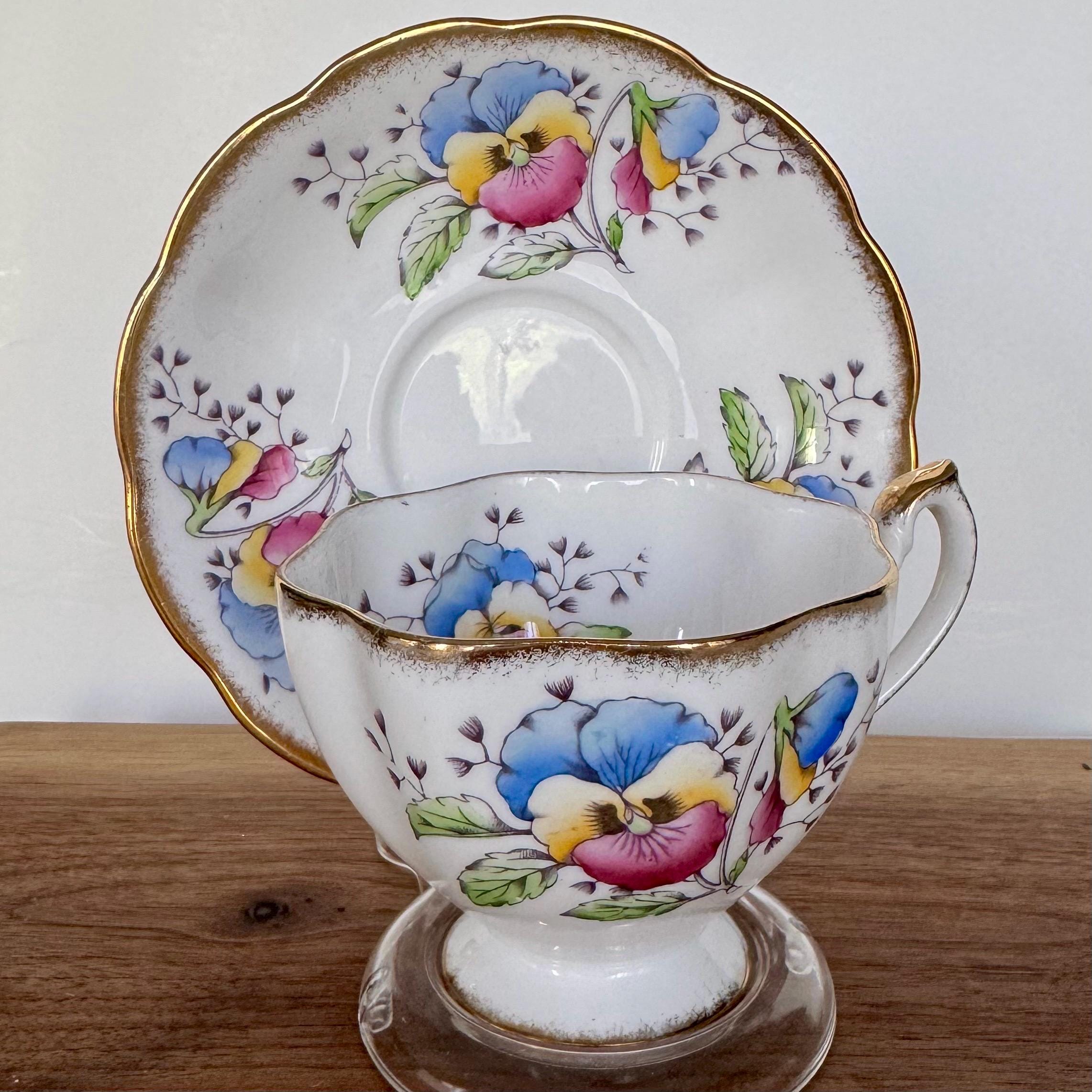 Vintage Queen Anne Teacup and Saucer – “Country Gardens: Pansy” – Multicolor Florals with Gold Trim