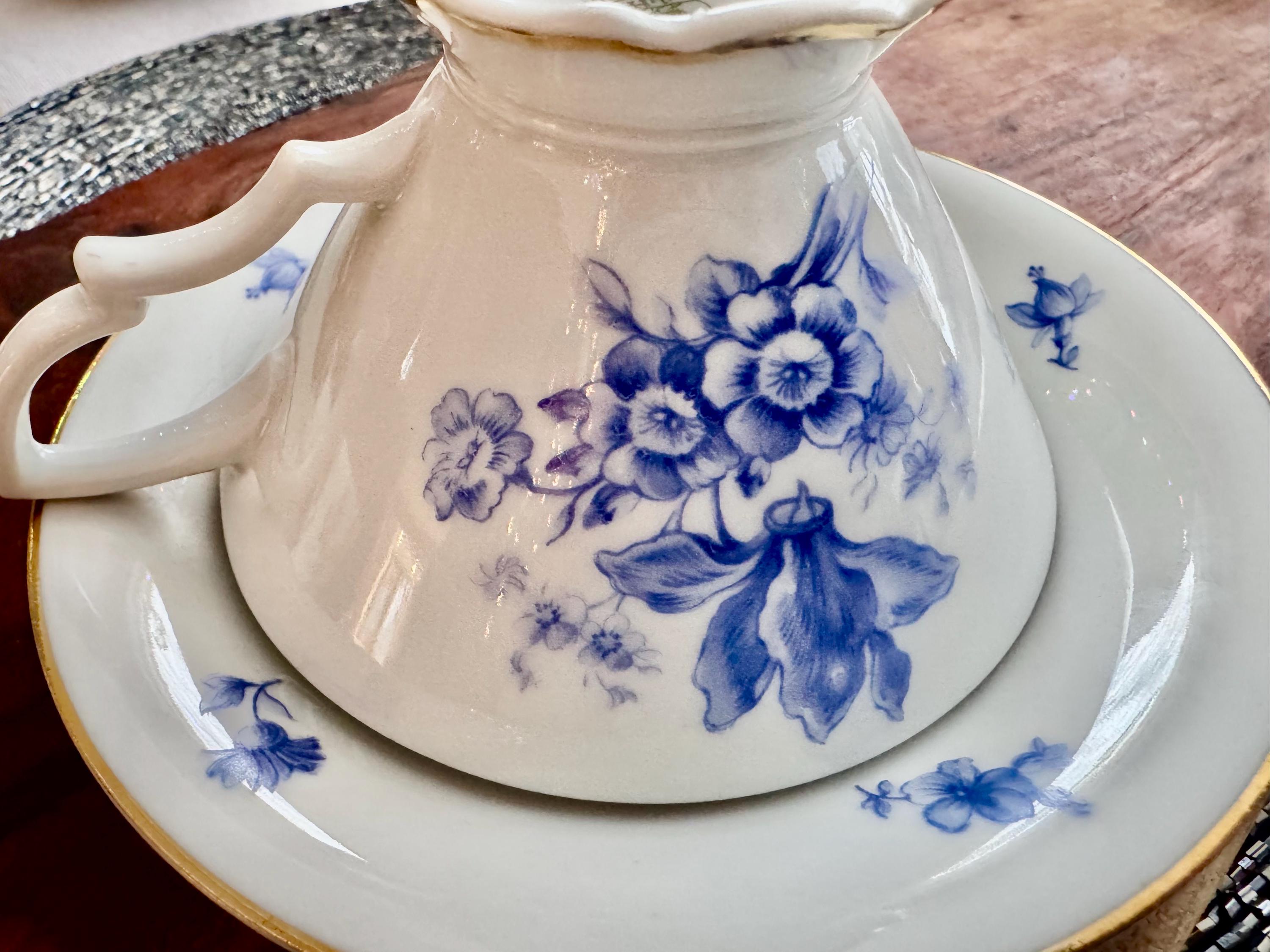 Hutschenreuther Bavaria 2731 Blue Floral Footed Cup & Saucer Set