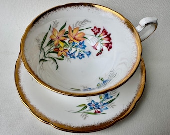 Vintage Paragon Teacup and Saucer Set: English Bone China, Floral Bouquet, Gold Trim