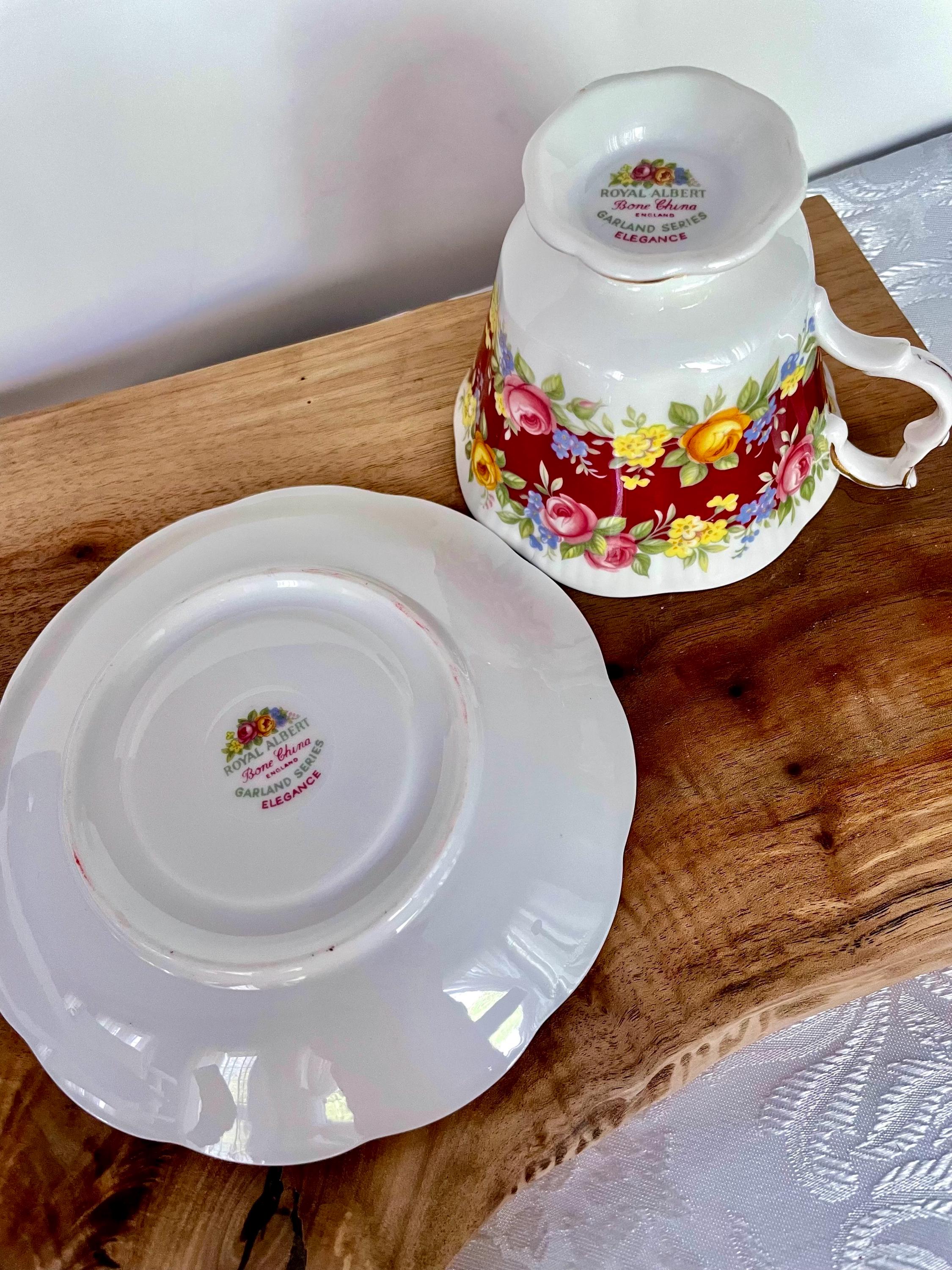 Vintage Royal Albert Garland Series “Elegance” Teacup & Saucer – Crimson Red Floral Garland