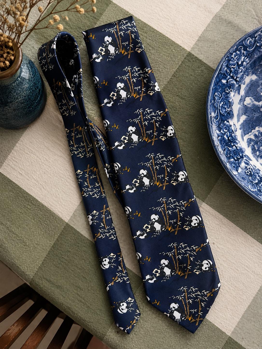 Vintage Kai Long Silk Necktie – Panda & Bamboo Novelty Tie – Never Worn