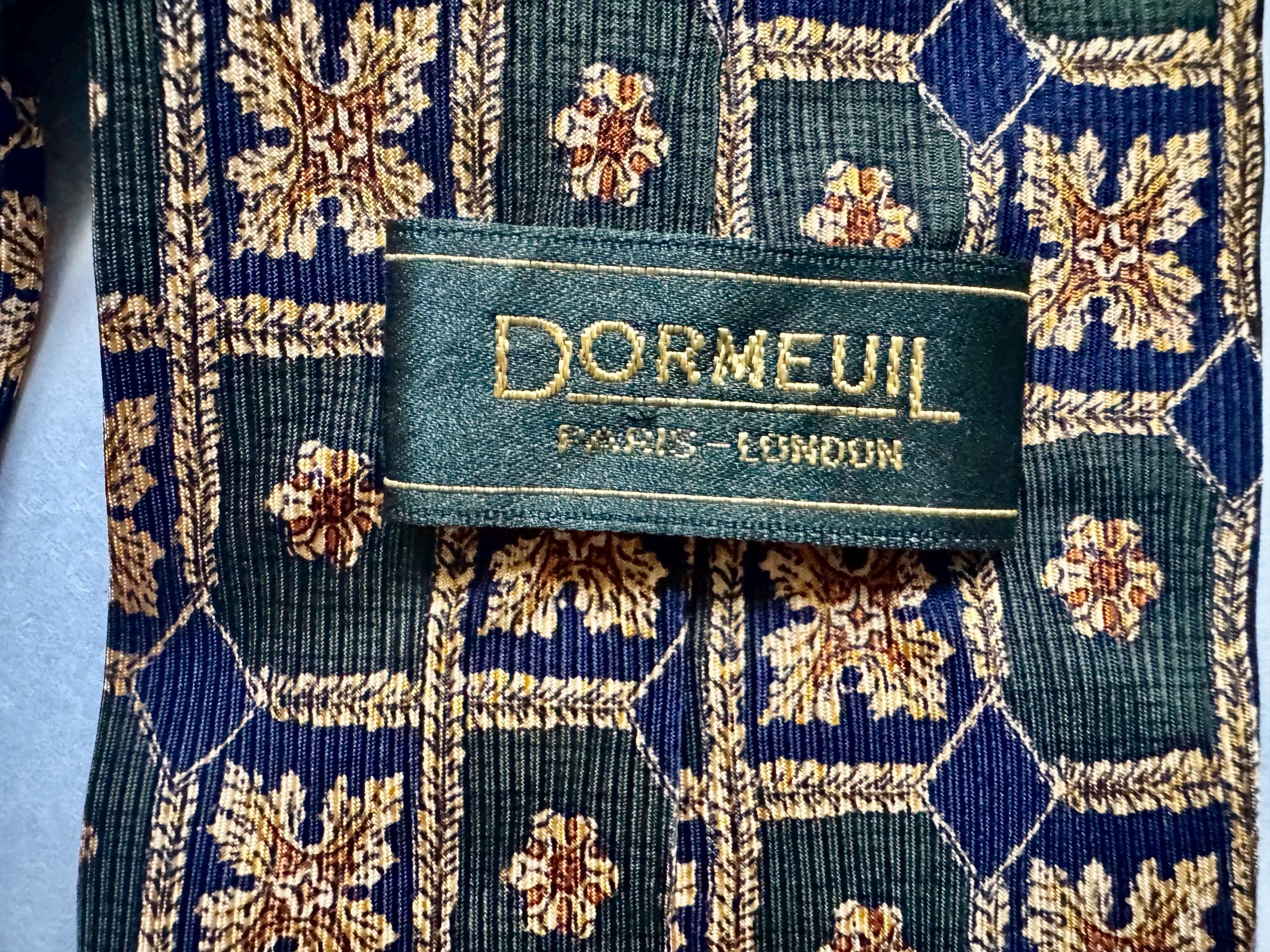 Vintage Dorméuil 100% Silk Tie — Paris London — Navy Green Gold Geometric Pattern — Made in Italy