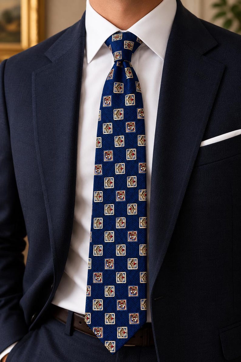May include: A navy blue necktie featuring a repeating pattern of small, square motifs with red, gold, and white details. The tie is worn with a crisp white dress shirt, a dark navy blue blazer, and a white pocket square in the breast pocket.