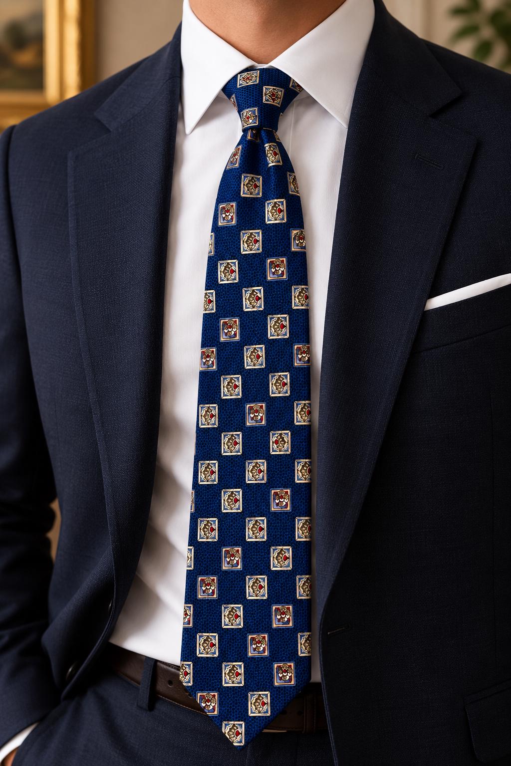 Vintage Bill Blass 100% Silk Tie — Made in Canada — Navy Geometric Medallion