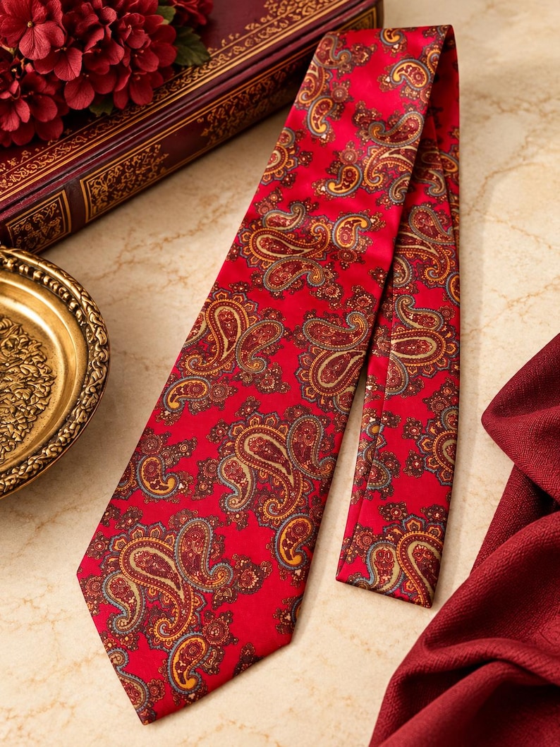 May include: A red necktie featuring a repeating paisley pattern in shades of gold, dark blue, and brown. The fabric has a smooth, satin-like finish, and the tie is displayed in a flat, elongated shape showing the pointed end and the folded tail.