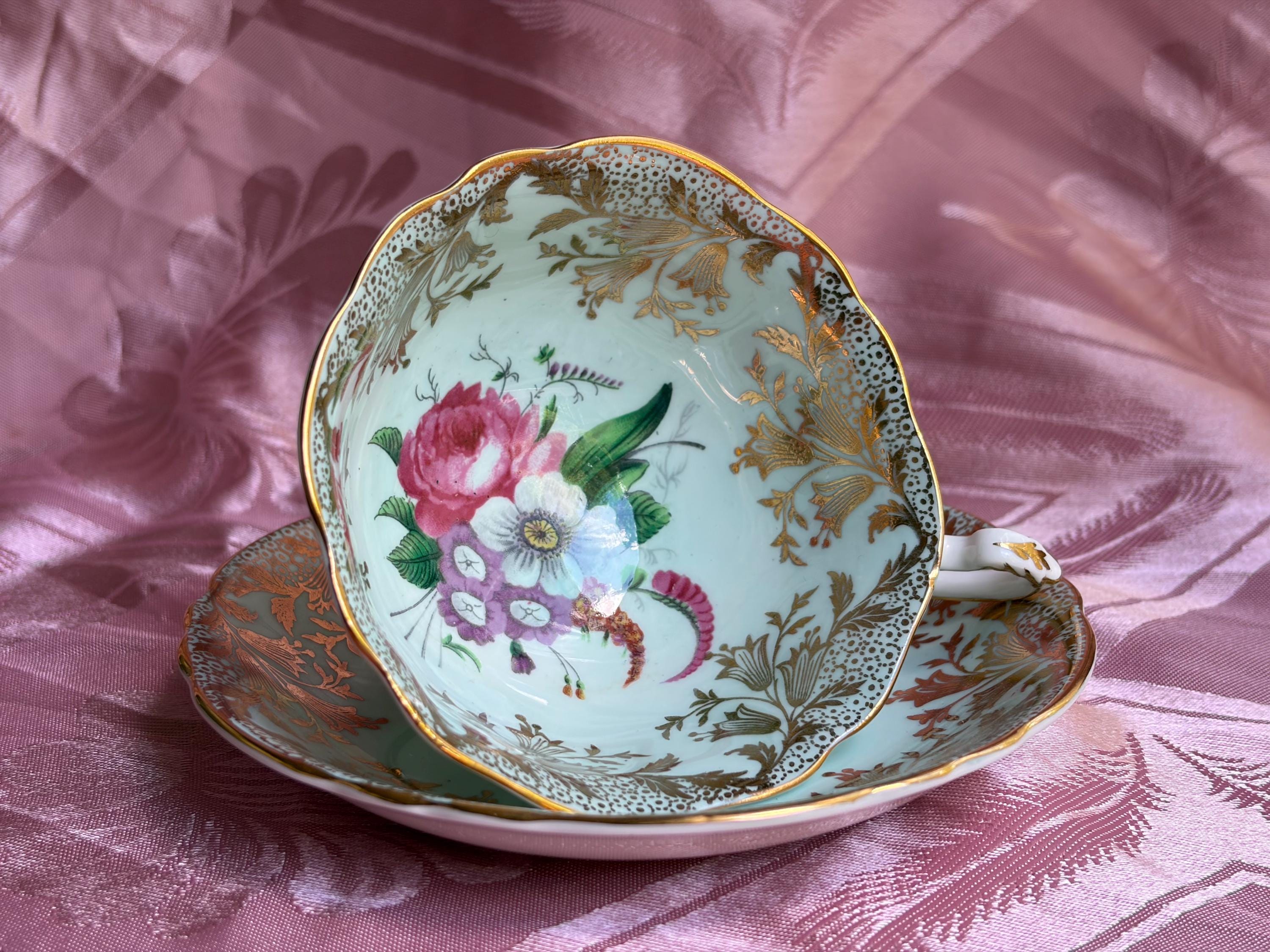 Vintage Paragon Fine Bone China Teacup & Saucer – Aqua Blue, Pink Floral Bouquet Gold Gilt