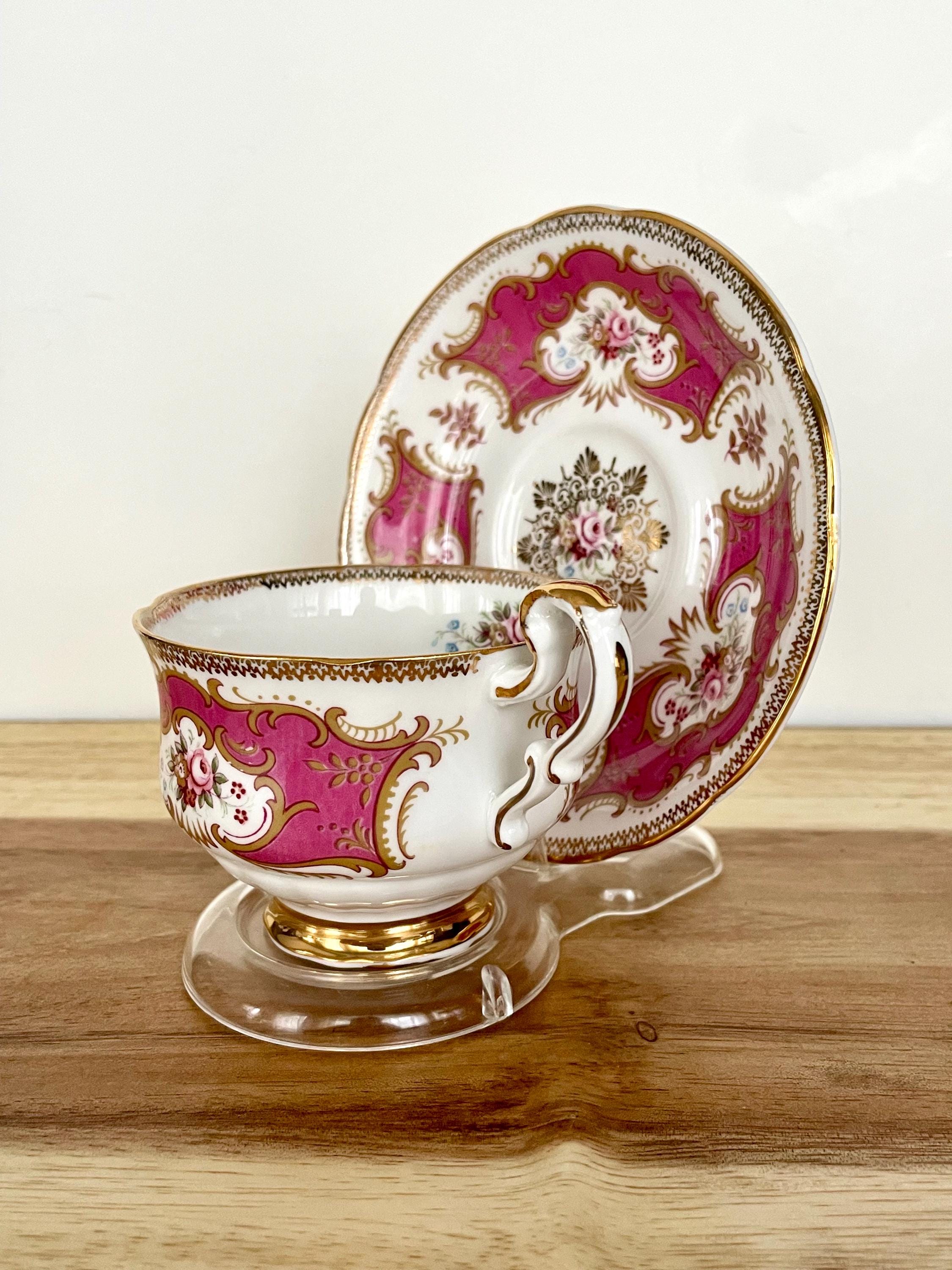 Vintage Paragon Fine Bone China Cup & Saucer – Pink Gold Scrollwork with Hand-Painted Roses – England