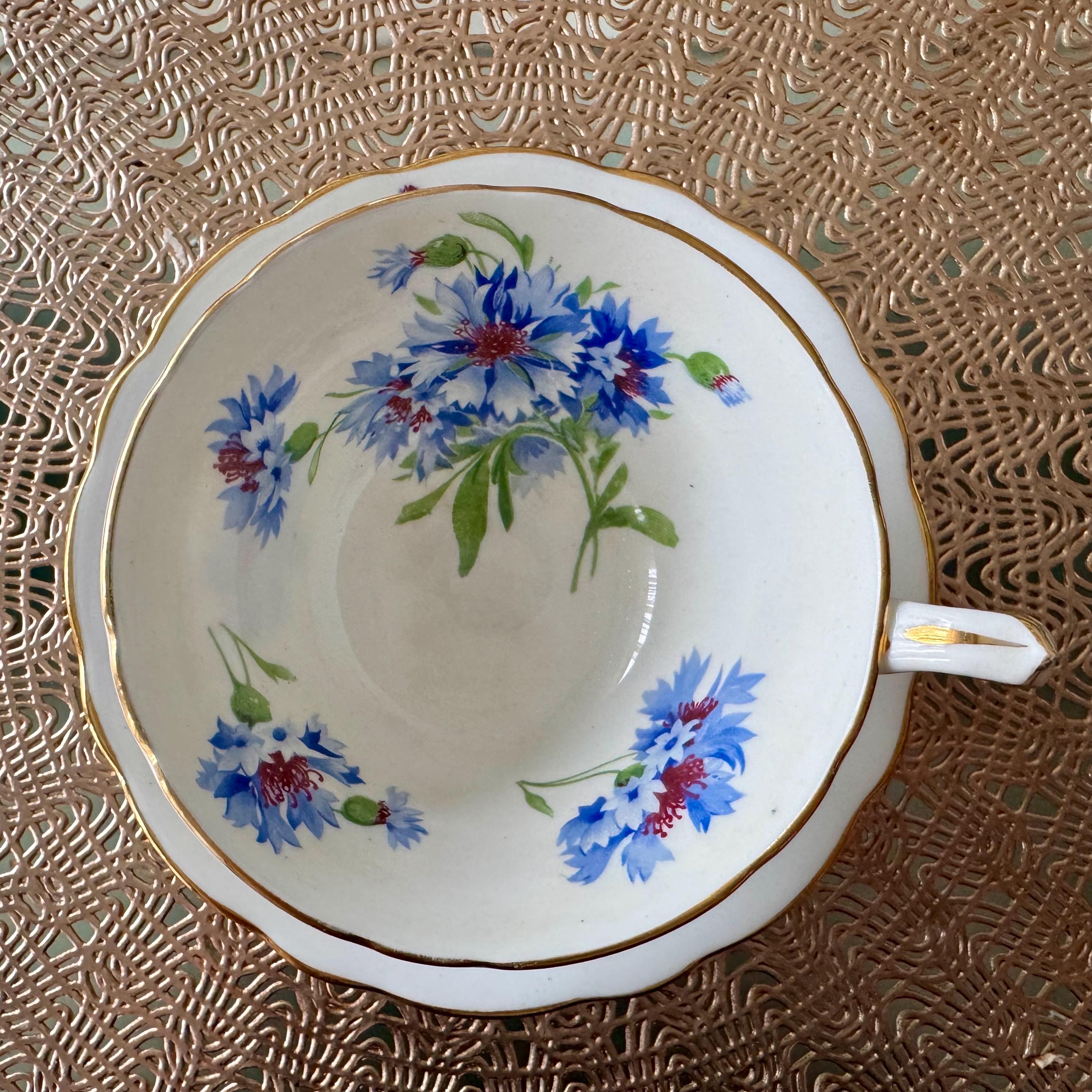 Vintage Hammersley Cornflower Teacup & Saucer – Fine Bone China England – Blue Florals Gold Trim
