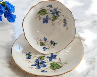 Roslyn Bone China Teacup & Saucer - Delicate Blue Floral Design