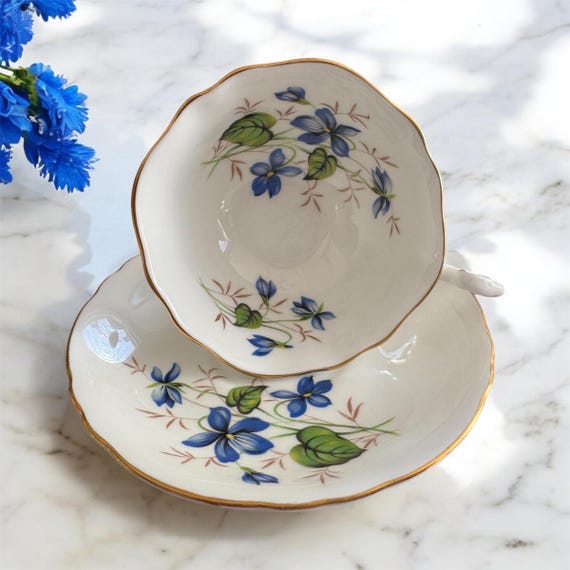 Roslyn Bone China Teacup & Saucer - Delicate Blue Floral Design