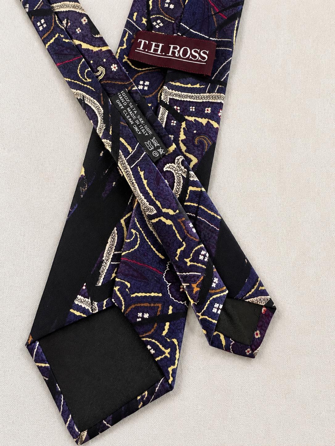 Vintage T.H. Ross 100% Silk Abstract Paisley Tie – Hand Made in Italy – Purple Black Necktie
