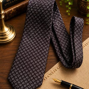 May include: A dark brown necktie featuring a repeating pattern of small white circles with a central dot. The tie is folded, displaying its smooth texture and consistent geometric design across the entire length of the fabric.