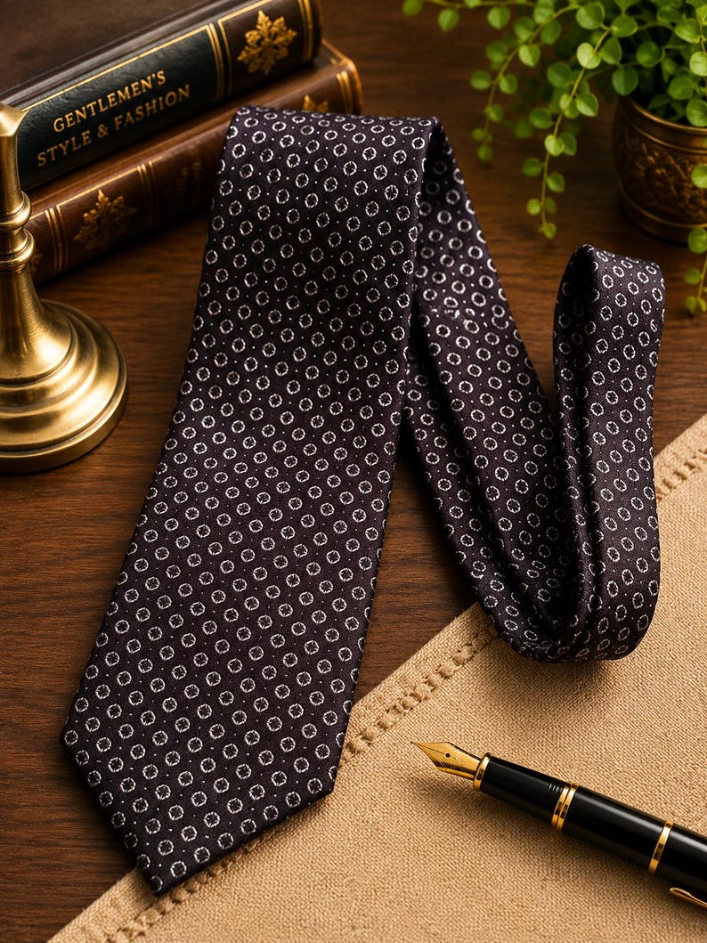May include: A dark brown necktie featuring a repeating pattern of small white circles with a central dot. The tie is folded, displaying its smooth texture and consistent geometric design across the entire length of the fabric.