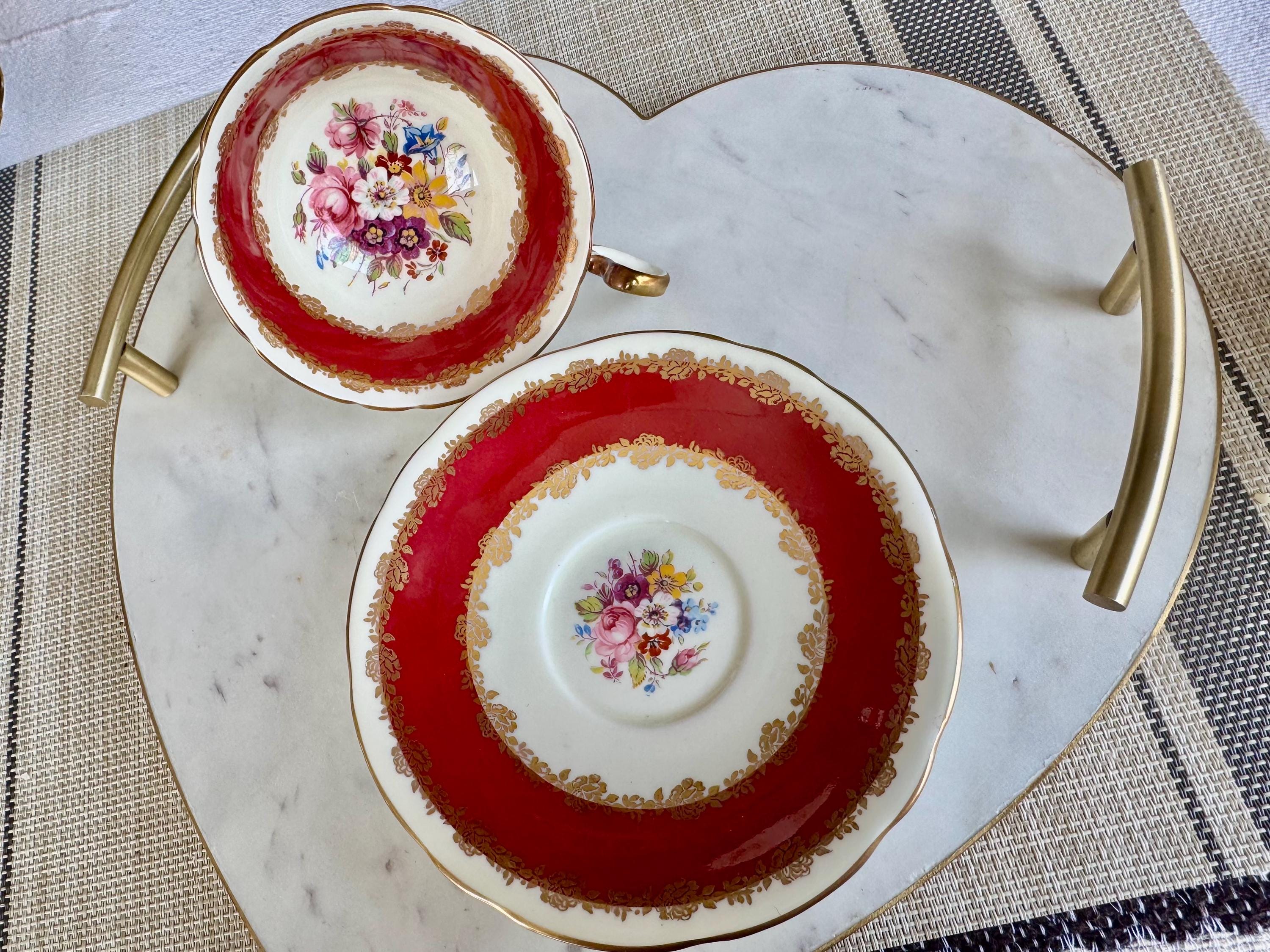 Vintage Aynsley Teacup and Saucer: Burgundy Floral, Gold Trim, Made in England