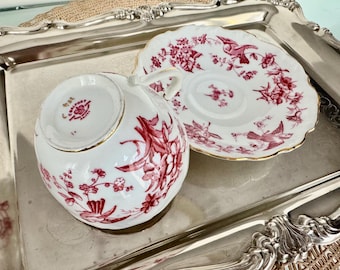 Coalport Bone China Teacup and Saucer (8747) Maroon Red and Gold