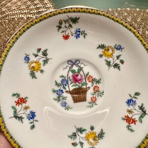 Pu&ograve; includere: Piatto da sottocoppa in porcellana bianca con bordo dorato e motivo floreale. Il centro presenta un cestino di fiori rosa e bianchi con foglie verdi.